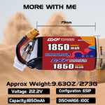 DXF 6S 22.2V 1850mAh 100C LiPo Battery for FPV Micro Drones (PH2.0 / JST / XT30 / SM / XT60 / EC5 / XT90 Options)
