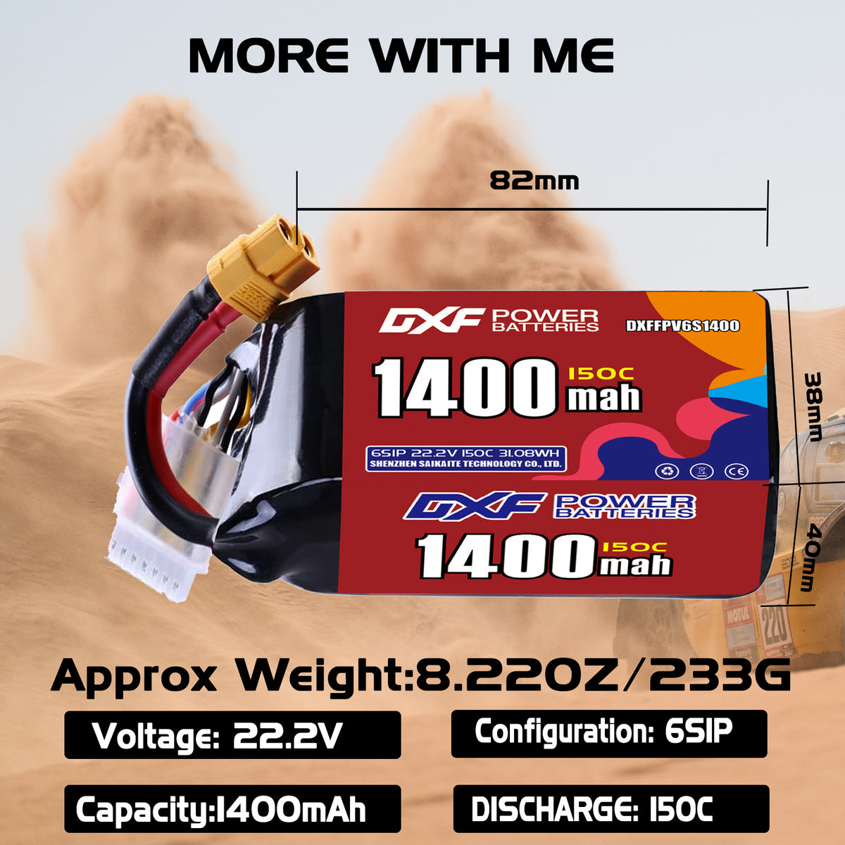 DXF 6S 22.2V 1400mAh 150C LiPo Battery for FPV Micro Drones (PH2.0 / JST / XT30 / SM / XT60 / EC5 / XT90 Options)