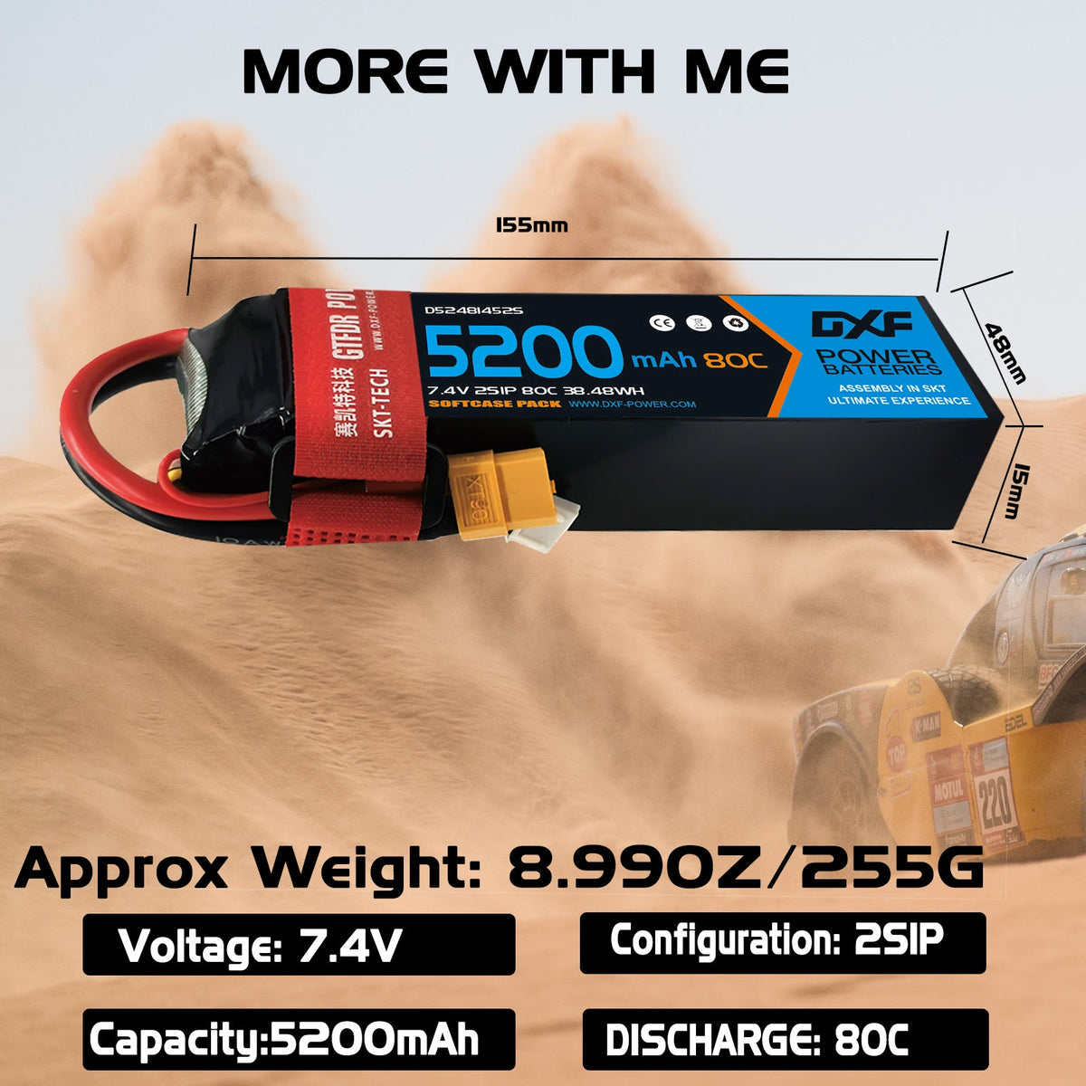DXF Lipo Battery 2S 7.4V 5200mAh 80C Graphene Softcase with EC5 / T / TRX / XT60 / XT90 / XT150 / Q8s Plug for RC 1/8 1/10 Buggy Truck Car Off-Road Drone