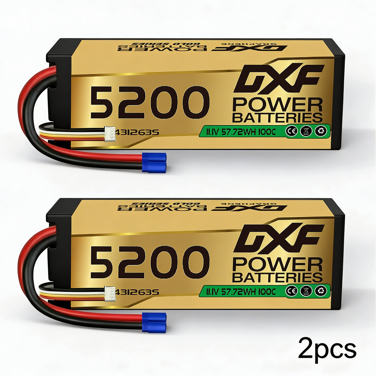 DXF GOLD Series 3S 11.1V 5200mAh 100C Graphene Hardcase LiPo Battery with EC5 Plug for 1/8 1/10 RC Car Truck (1-6 Pack)