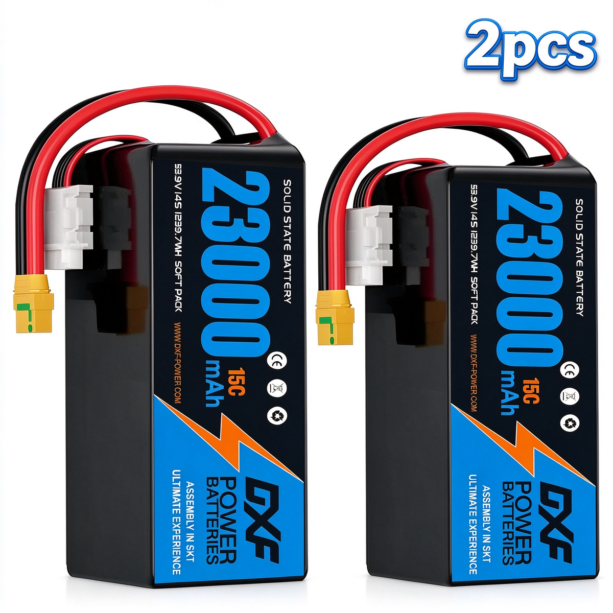DXF SEMI-SOLID 14S 53.9V 23000mAh 15C Soft Case LiPo Battery with 8AWG Wire for Toy Cars, Boats, UAVs & Drones (1-6 Pack)