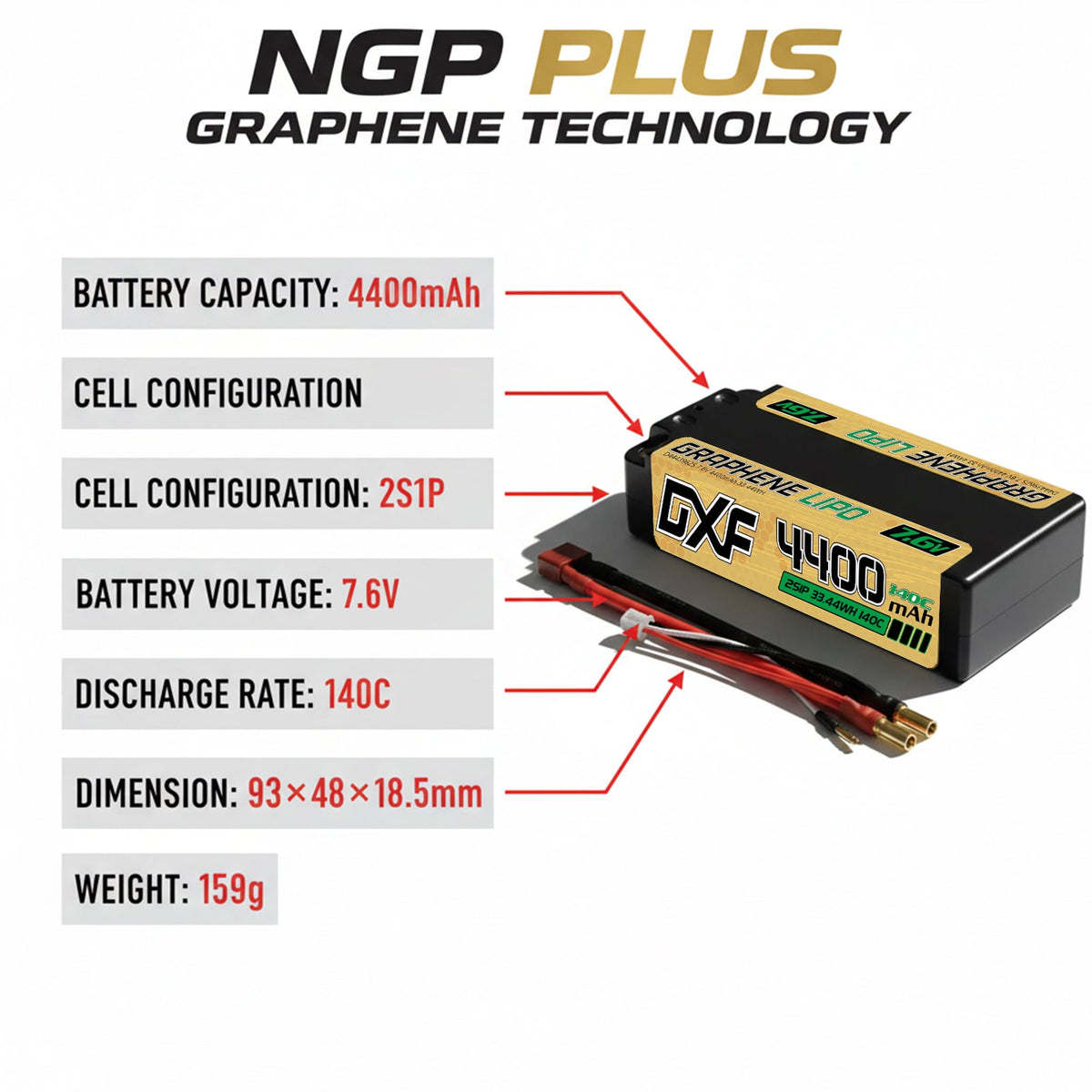 DXF 2S Shorty 7.6V 4400mAh 140C Graphene Hardcase LiPo Battery with 5mm Bullet to Deans Plug for 1/10 RC Buggies, Touring Cars & Trucks (1-6 Pack Available)