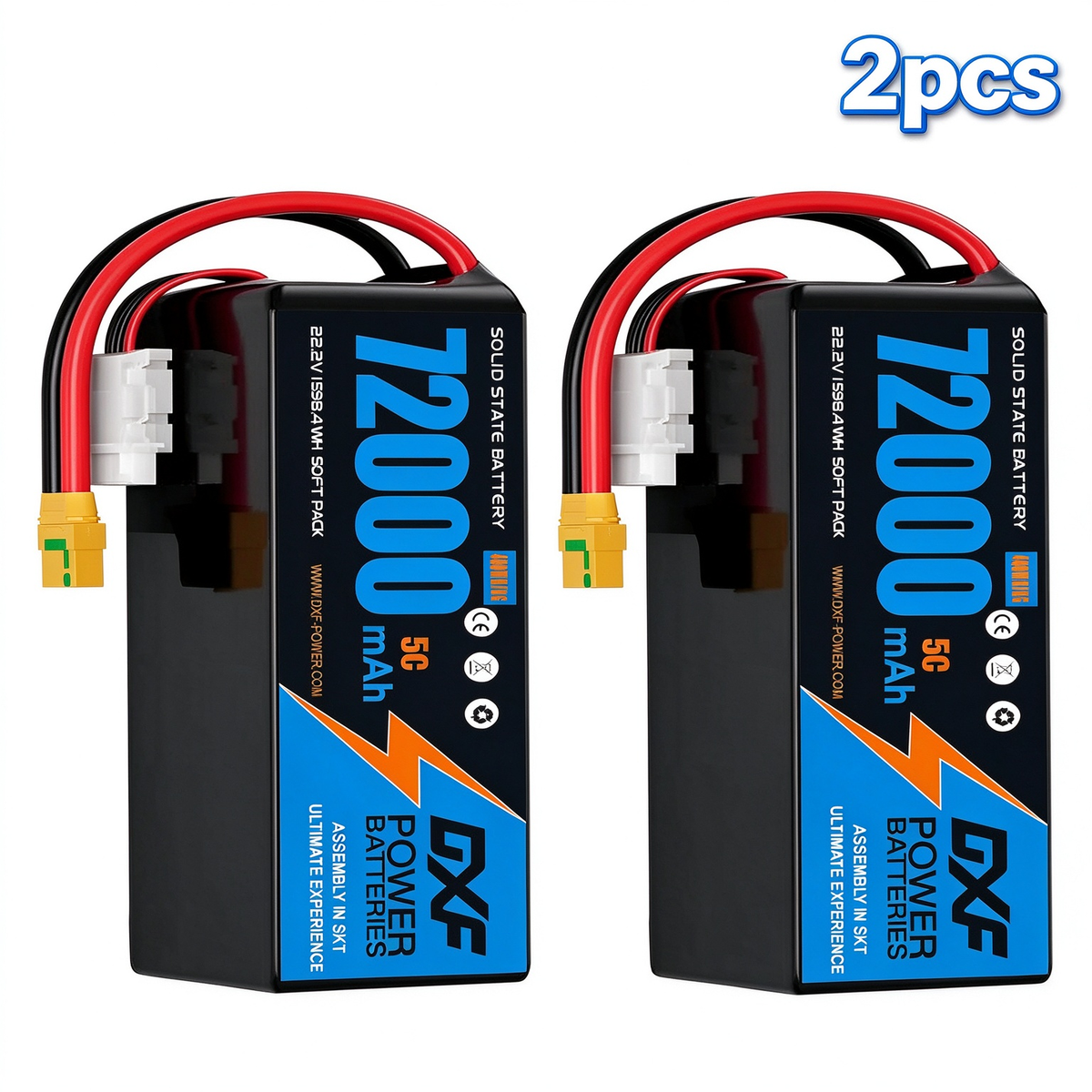 DXF 6S 22.2V 72000mAh 5C Soft Case LiPo Battery with 8AWG Wire for Toy Cars, Boats, UAVs & Drones (1-6 Pack)