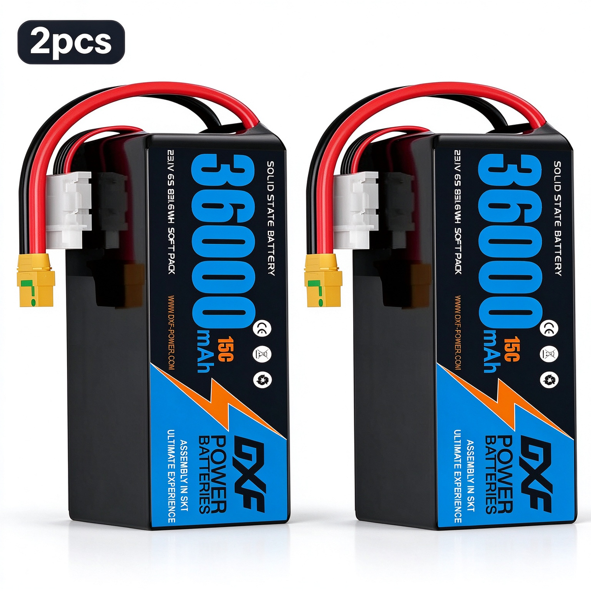 DXF 6S 23.1V 36000mAh 15C Soft Case LiPo Battery with 8AWG Wire for Toy Cars, Boats, UAVs & Drones (1-6 Pack)