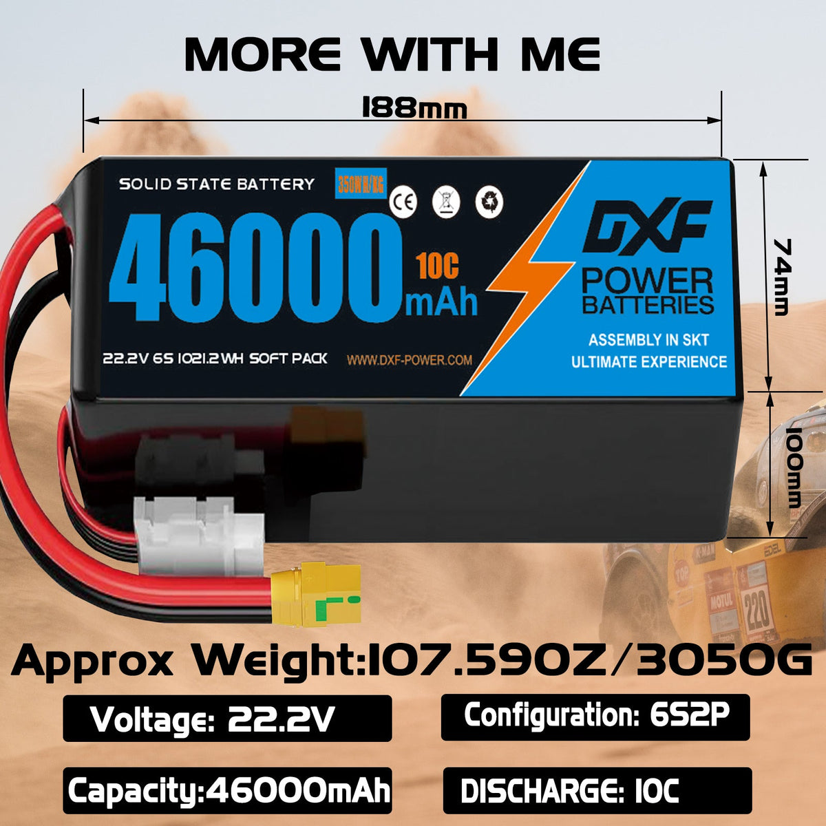 DXF 6S 22.2V 46000mAh 10C Soft Case LiPo Battery with 8AWG Wire for Toy Cars, Boats, UAVs & Drones (1-6 Pack)
