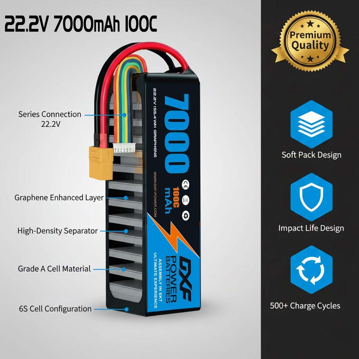 DXF 6S 22.2V 7000mAh 100C Softcase LiPo Battery with XT90 & 10AWG Wire for 1/8 RC Cars (1-6 Pack)