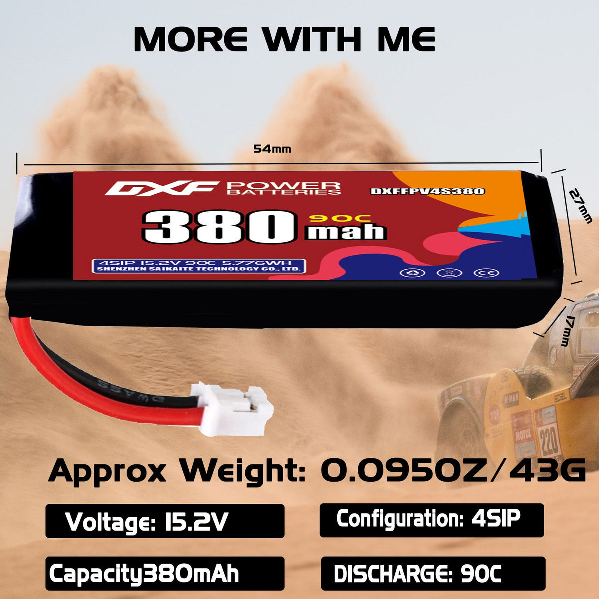 DXF 4S 15.2V 380mAh 90C LiPo Battery for FPV Micro Drones (PH2.0 / JST / XT30 / SM / XT60 / EC5 / XT90 Options)