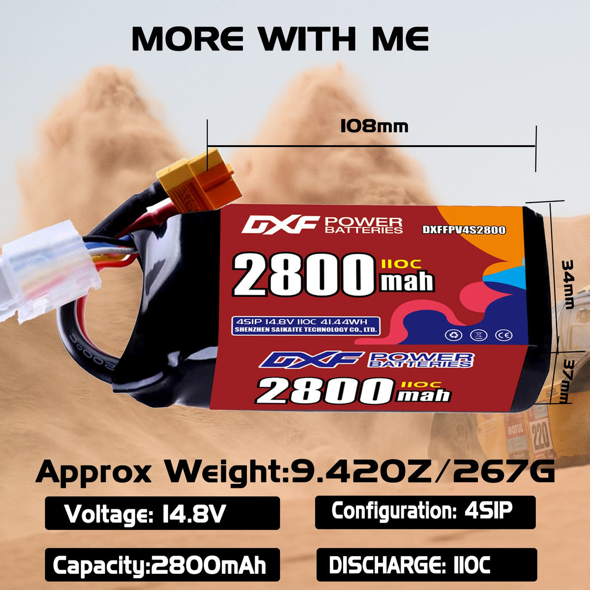 DXF LiPo Battery 4S 14.8V 2800mAh 110C with PH2.0 / JST / XT30 / SM / XT60 / EC5 / XT90 for FPV Drone Whoop Micro Racing