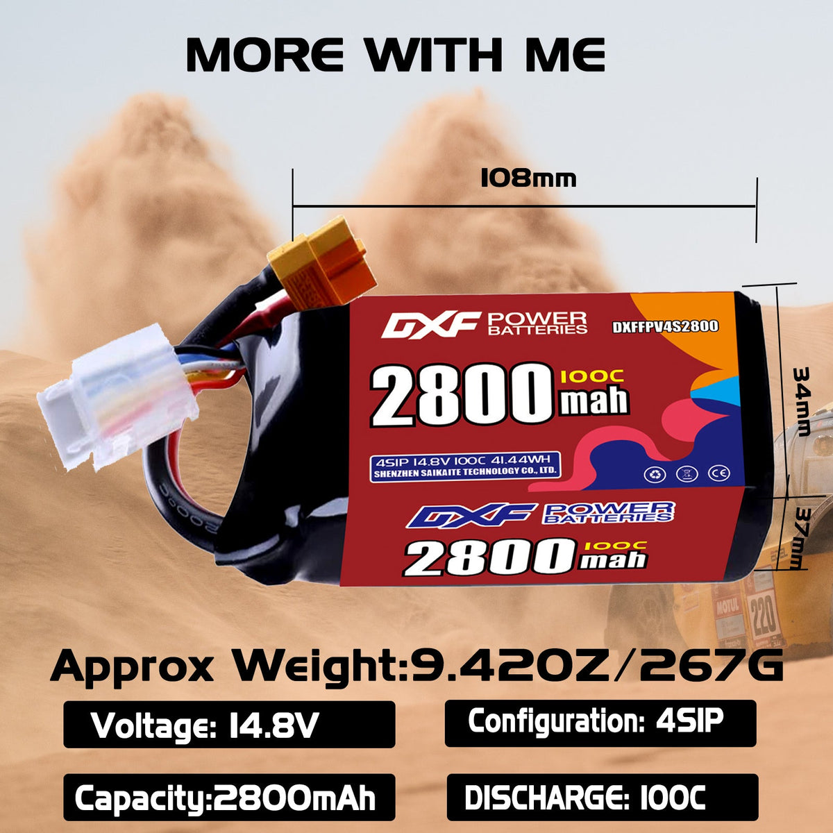 DXF 4S 14.8V 2800mAh 100C LiPo Battery for FPV Micro Drones (PH2.0 / JST / XT30 / SM / XT60 / EC5 / XT90 Options)