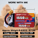DXF 6S 22.2V 1550mAh 140C LiPo Battery for FPV Micro Drones (PH2.0 / JST / XT30 / SM / XT60 / EC5 / XT90 Options)