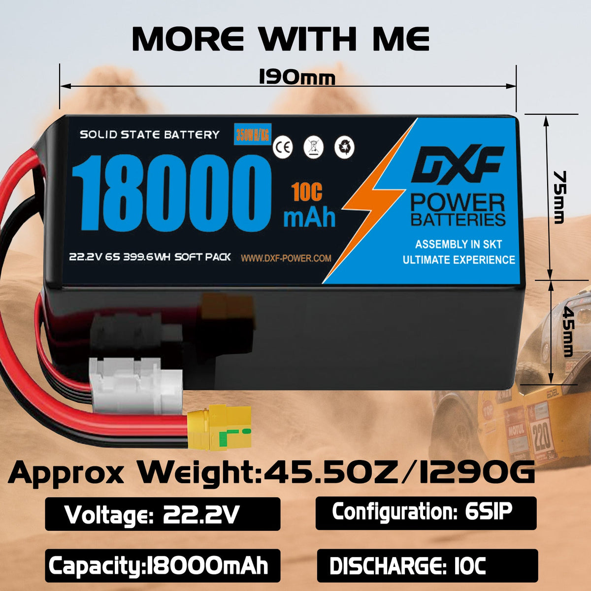 DXF SEMI-SOLID 6S 22.2V 18000mAh 10C Soft Case LiPo Battery with 8AWG Wire for UAVs & Drones (1-6 Pack)