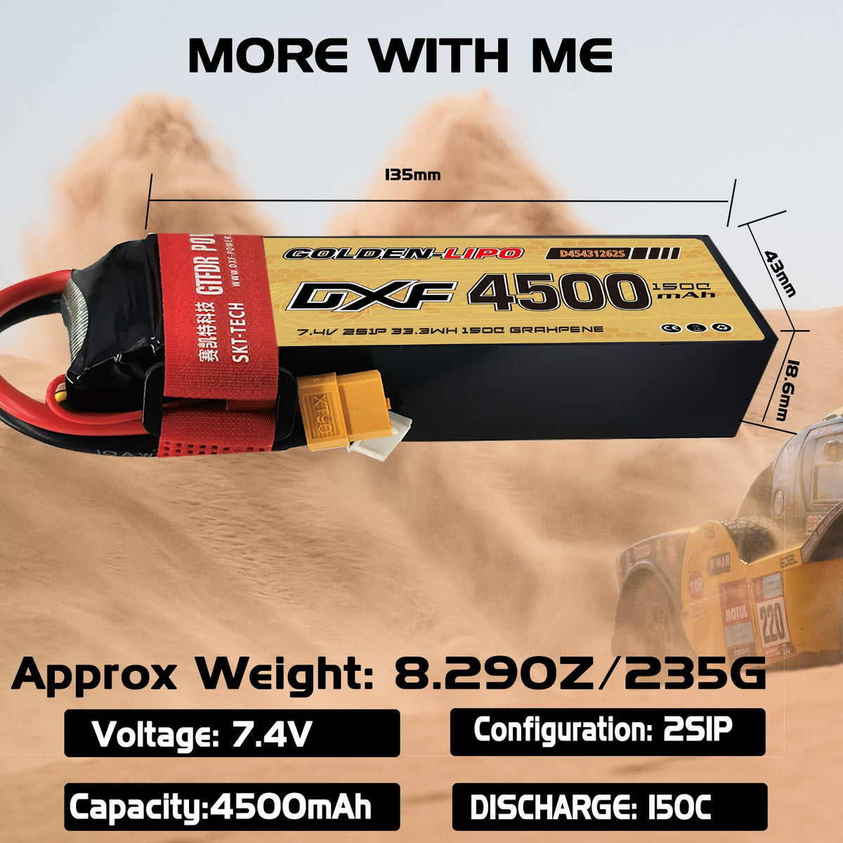 DXF Lipo Battery 2S 7.4V 4500mAh 140C GoldSeries Graphene Softcase with EC5 / T / TRX / XT60 / XT90 / XT150 / Q8s Plug for RC 1/8 1/10 Buggy Truck Car Off-Road Drone