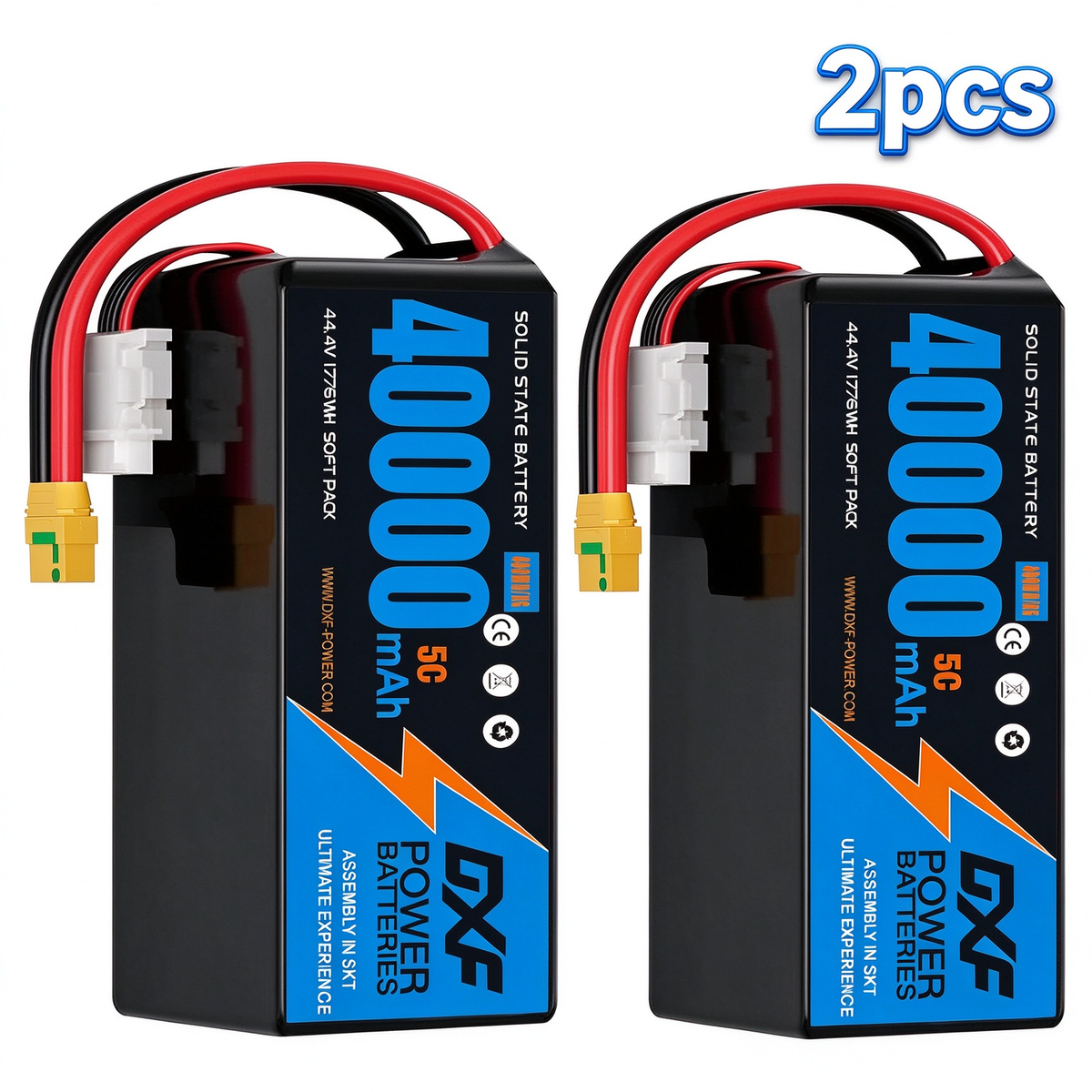 DXF SEMI-SOLID 12S 44.4V 40000mAh 5C Soft Case LiPo Battery with 8AWG Wire for Toy Cars, Boats, UAVs & Drones (1-6 Pack)