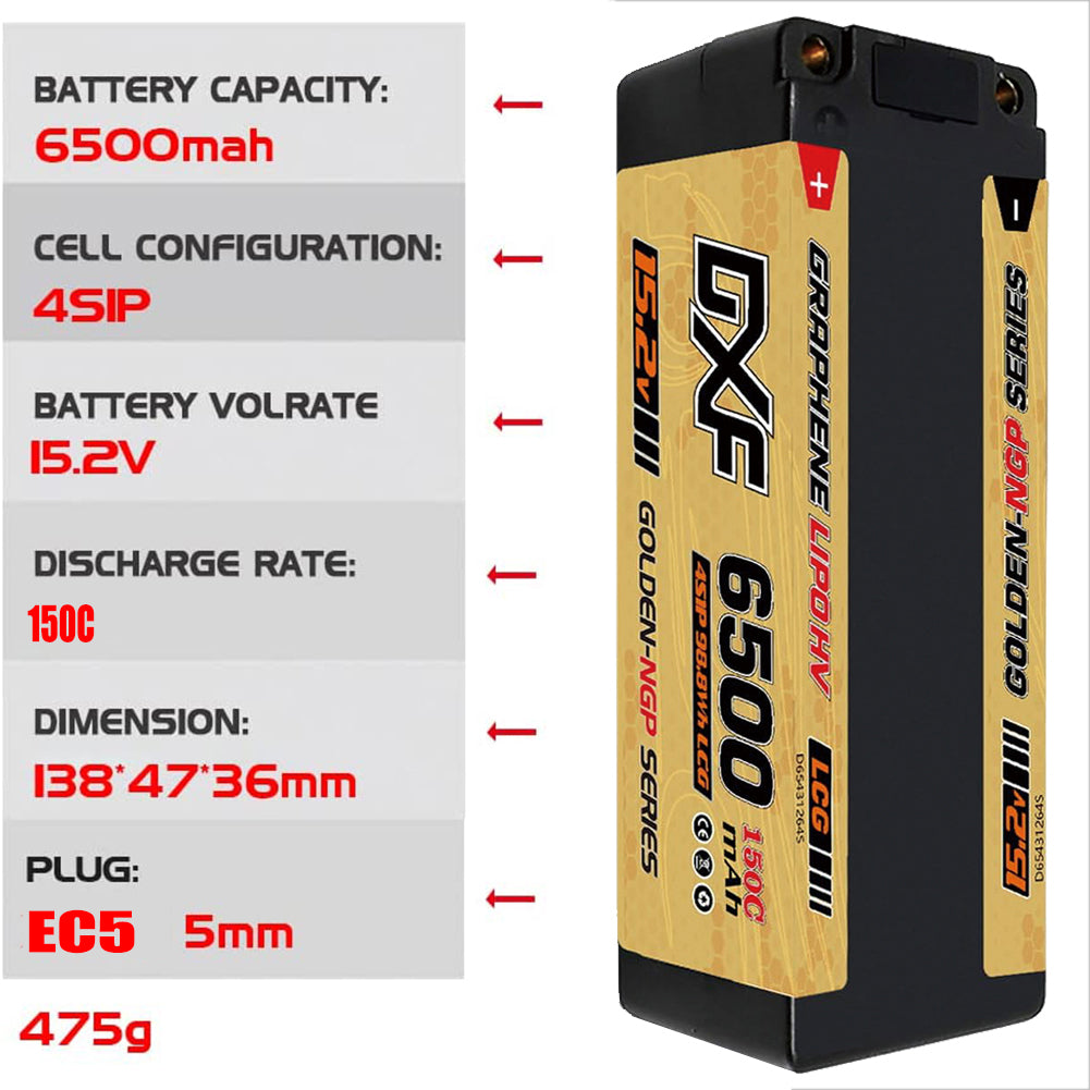 DXF GOLDEN-NGP 4S HV 15.2V 6500mAh 150C Graphene LCG Hardcase LiPo with 5mm to XT90 & 10AWG Wire (1-6 Pack)