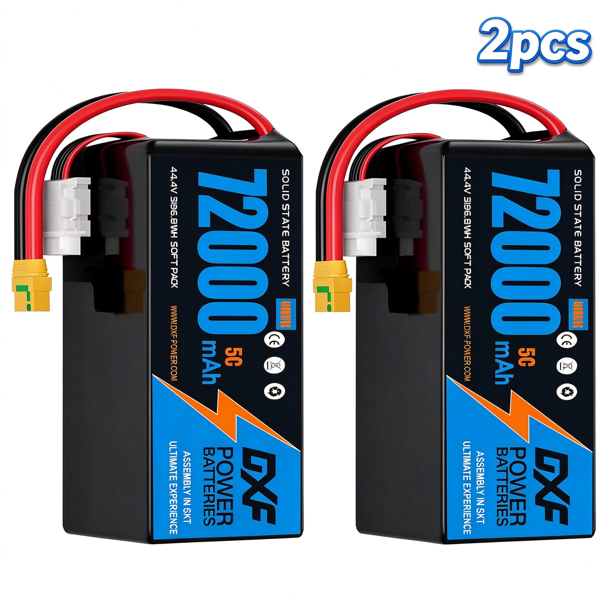 DXF 12S 44.4V 72000mAh 5C Soft Case LiPo Battery with 8AWG Wire for Toy Cars, Boats, UAVs & Drones (1-6 Pack)