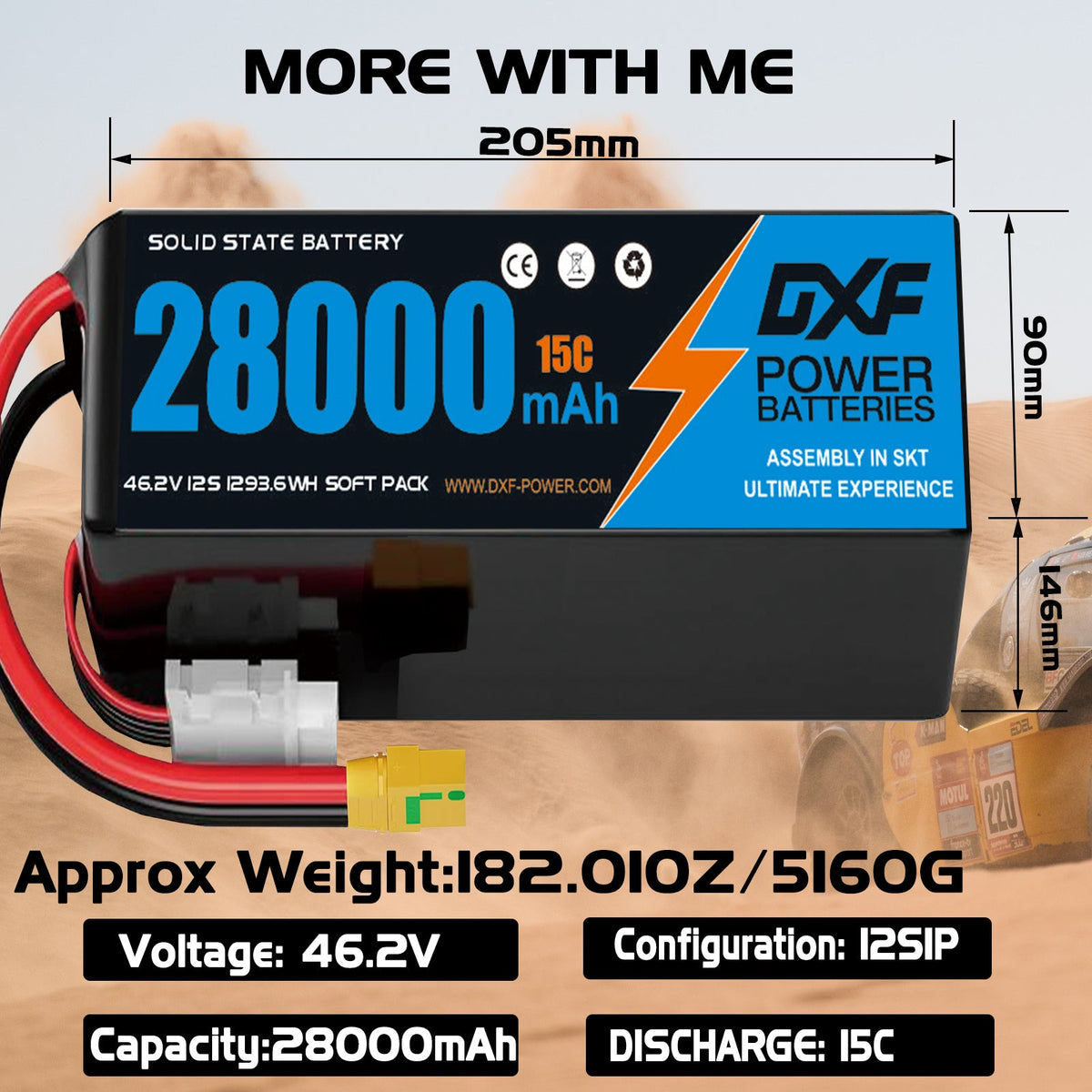 DXF SEMI-SOLID 12S 46.2V 28000mAh 15C Soft Case LiPo Battery with 8AWG Wire for Toy Cars, Boats, UAVs & Drones (1-6 Pack)