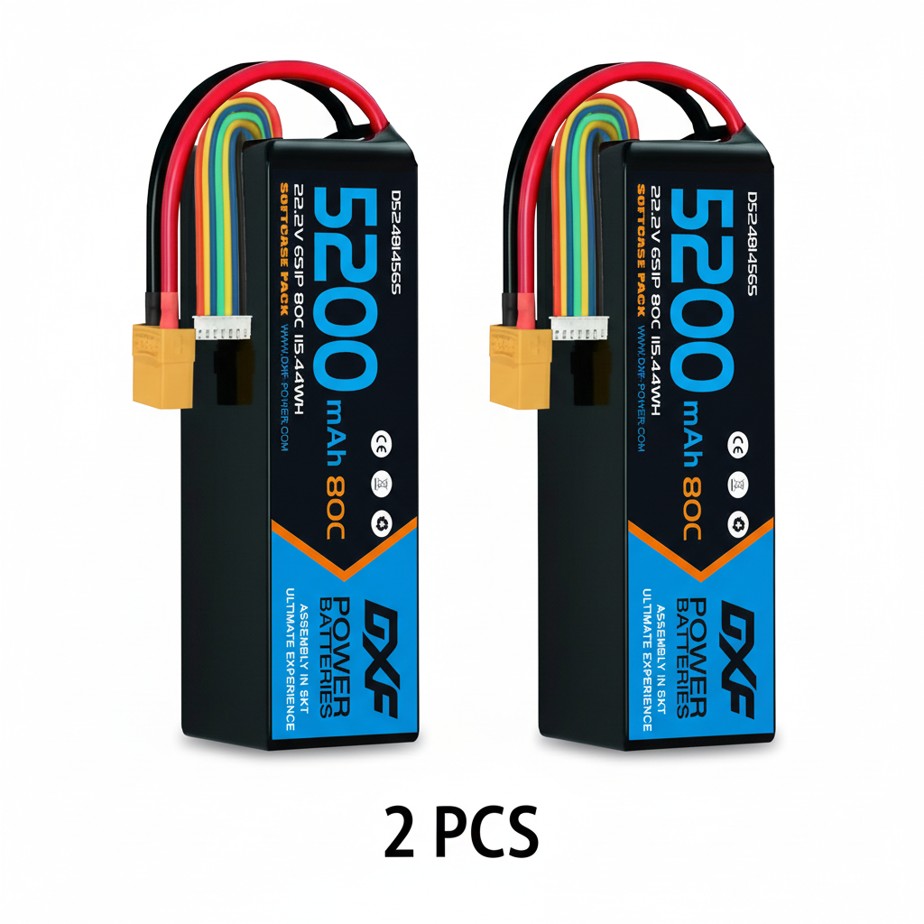 DXF 6S 22.2V 5200mAh 80C Softcase LiPo Battery with XT90 & 10AWG Wire for 1/8 RC Cars (1-6 Pack)