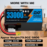 DXF SEMI-SOLID 12S 44.4V 33000mAh 5C Soft Case LiPo Battery with 8AWG Wire for Toy Cars, Boats, UAVs & Drones (1-6 Pack)