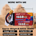 DXF 6S 22.2V 1550mAh 100C LiPo Battery for FPV Micro Drones (PH2.0 / JST / XT30 / SM / XT60 / EC5 / XT90 Options)