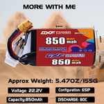 DXF 6S 22.2V 850mAh 80C LiPo Battery for FPV Micro Drones (PH2.0 / JST / XT30 / SM / XT60 / EC5 / XT90 Options)