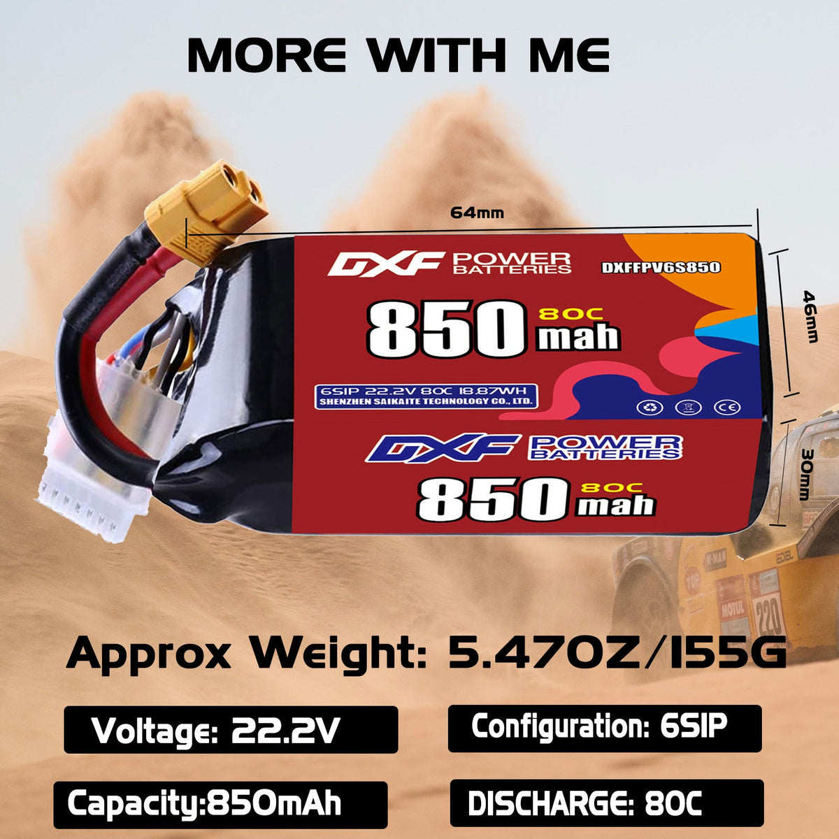 DXF 6S 22.2V 850mAh 80C LiPo Battery for FPV Micro Drones (PH2.0 / JST / XT30 / SM / XT60 / EC5 / XT90 Options)