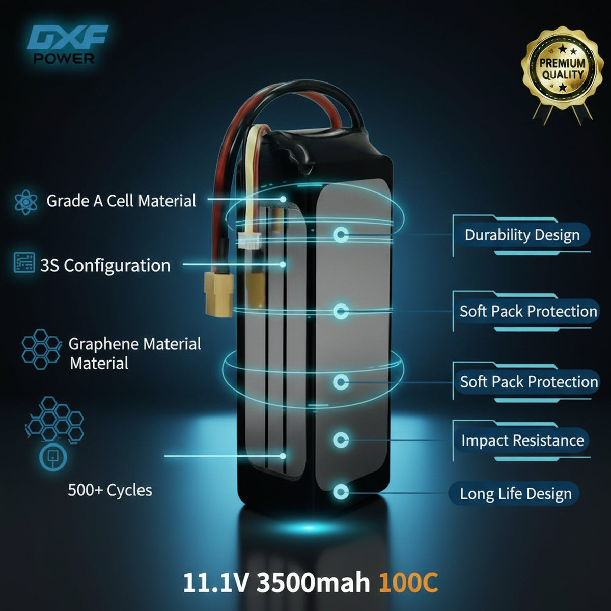 DXF 3S 11.1V 3500mAh 100C Graphene Softcase LiPo Battery with XT60 & 12AWG Wire for RC Cars, Boats & Aircraft Models (1-6 Pack)