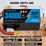 DXF SEMI-SOLID 12S 46.2V 34000mAh 15C Soft Case LiPo Battery with 8AWG Wire for Toy Cars, Boats, UAVs & Drones (1-6 Pack)