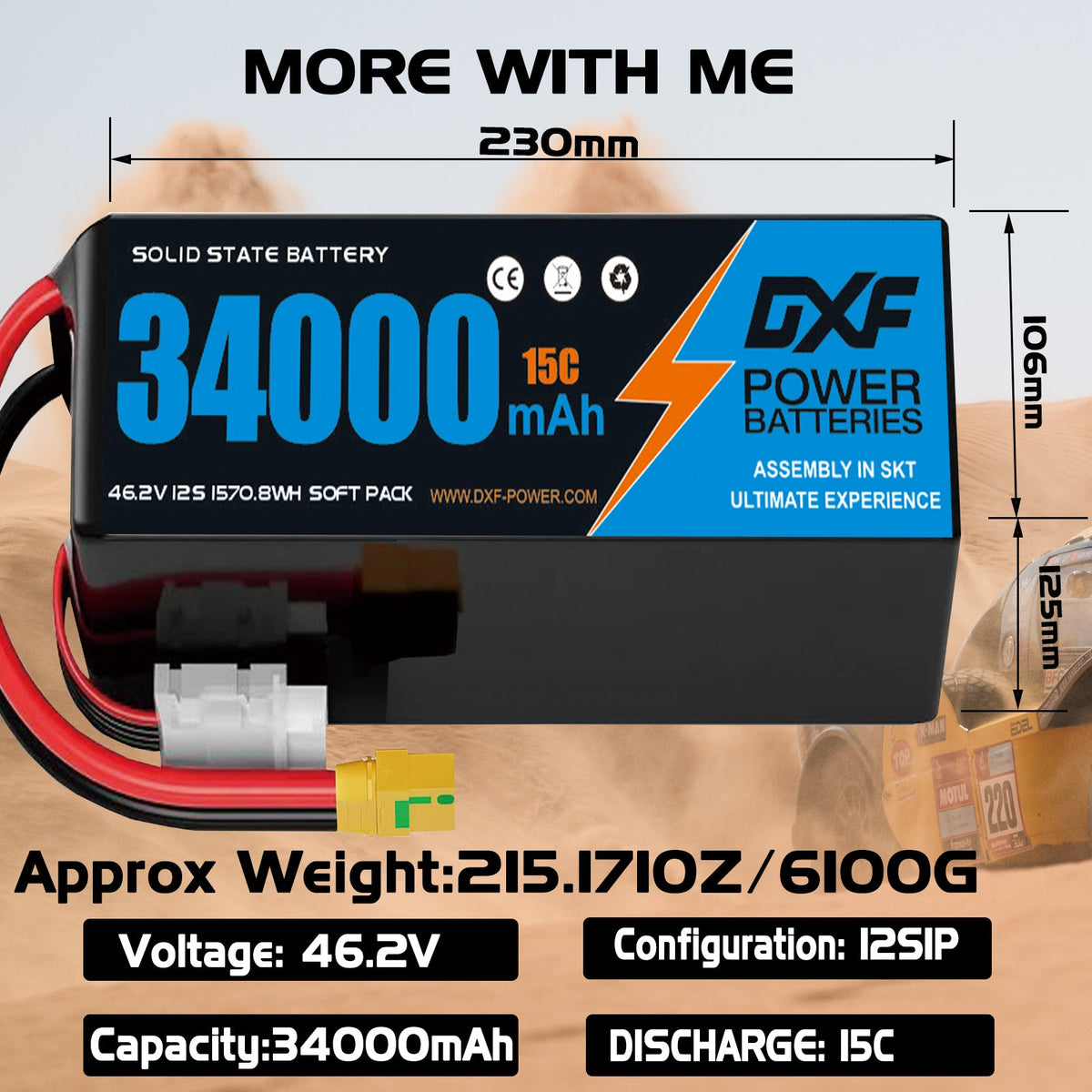 DXF SEMI-SOLID 12S 46.2V 34000mAh 15C Soft Case LiPo Battery with 8AWG Wire for Toy Cars, Boats, UAVs & Drones (1-6 Pack)