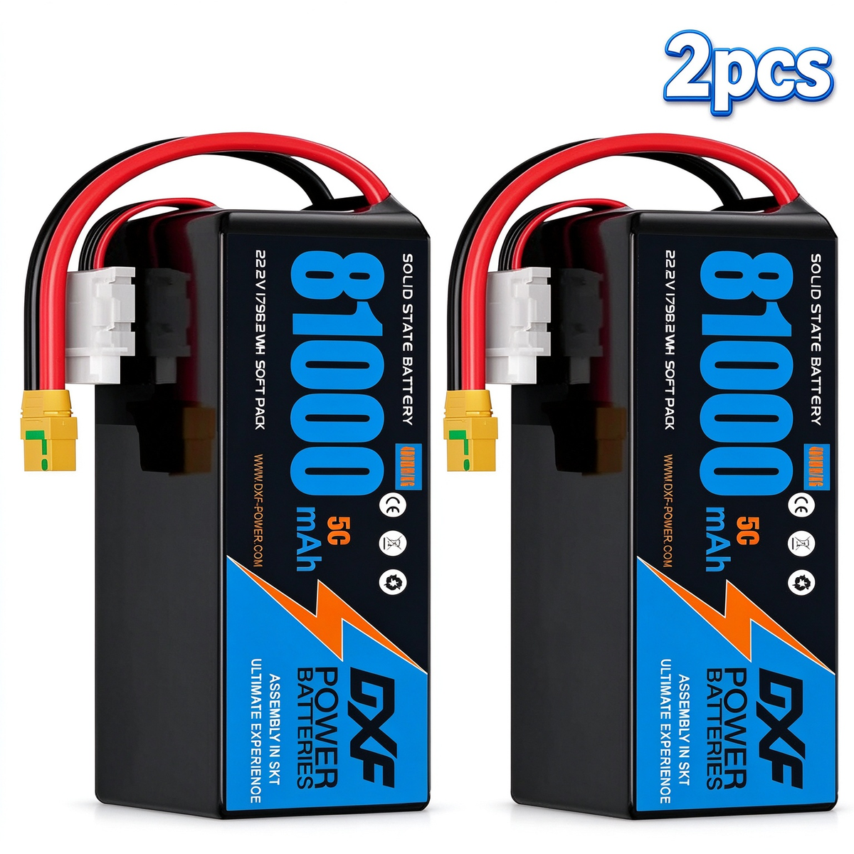 DXF 6S 22.2V 81000mAh 5C Soft Case LiPo Battery with 8AWG Wire for Toy Cars, Boats, UAVs & Drones (1-6 Pack)