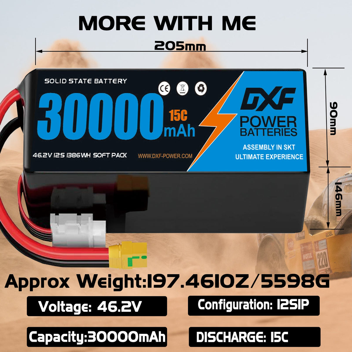 DXF SEMI-SOLID 12S 46.2V 30000mAh 15C Soft Case LiPo Battery with 8AWG Wire for Toy Cars, Boats, UAVs & Drones (1-6 Pack)