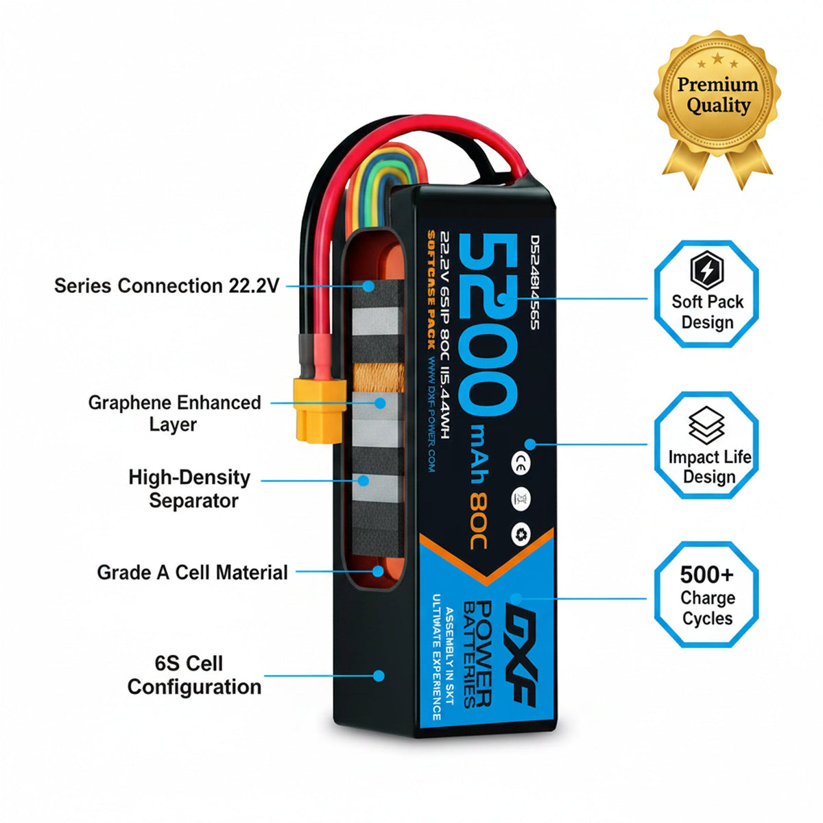 DXF 6S 22.2V 5200mAh 80C Softcase LiPo Battery with XT60 & 10AWG Wire for 1/8 RC Cars (1-6 Pack)