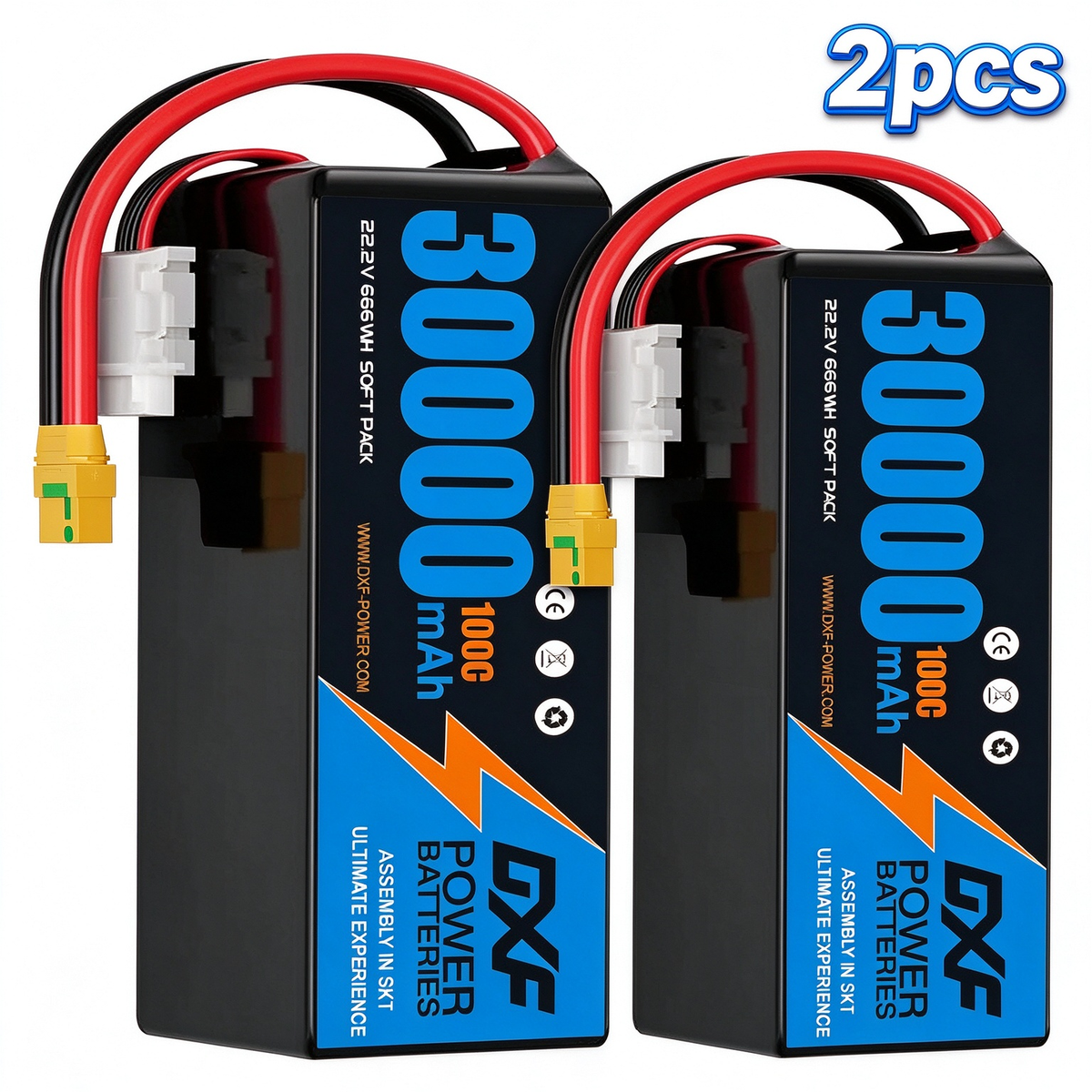 DXF 6S 22.2V 30000mAh 100C Soft Case LiPo Battery with 8AWG Wire for Toy Cars, Boats, UAVs & Drones (1-6 Pack)