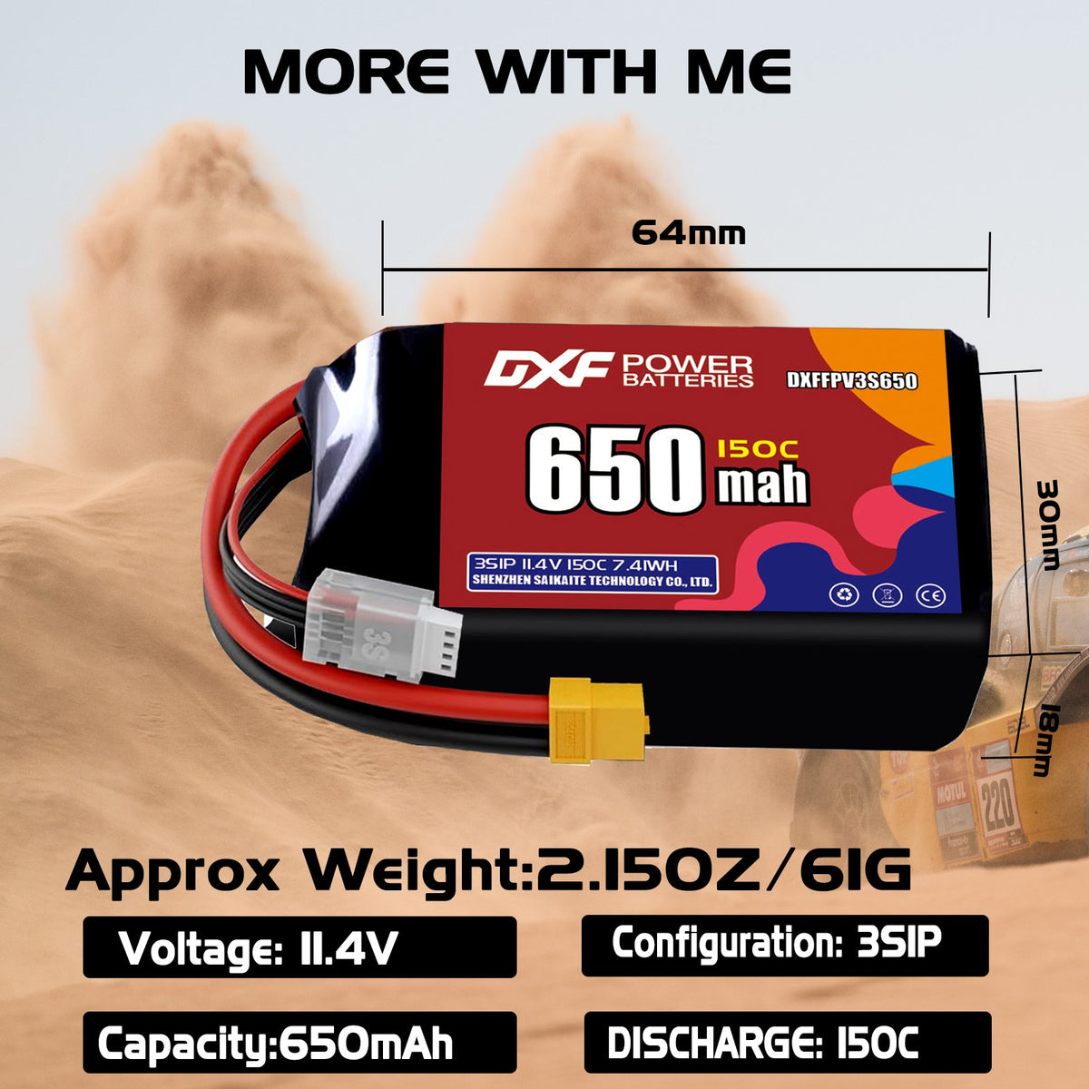 DXF 3S 11.4V 650mAh 150C LiPo Battery for FPV Micro Drones (PH2.0 / JST / XT30 / SM / XT60 / EC5 / XT90 Options)