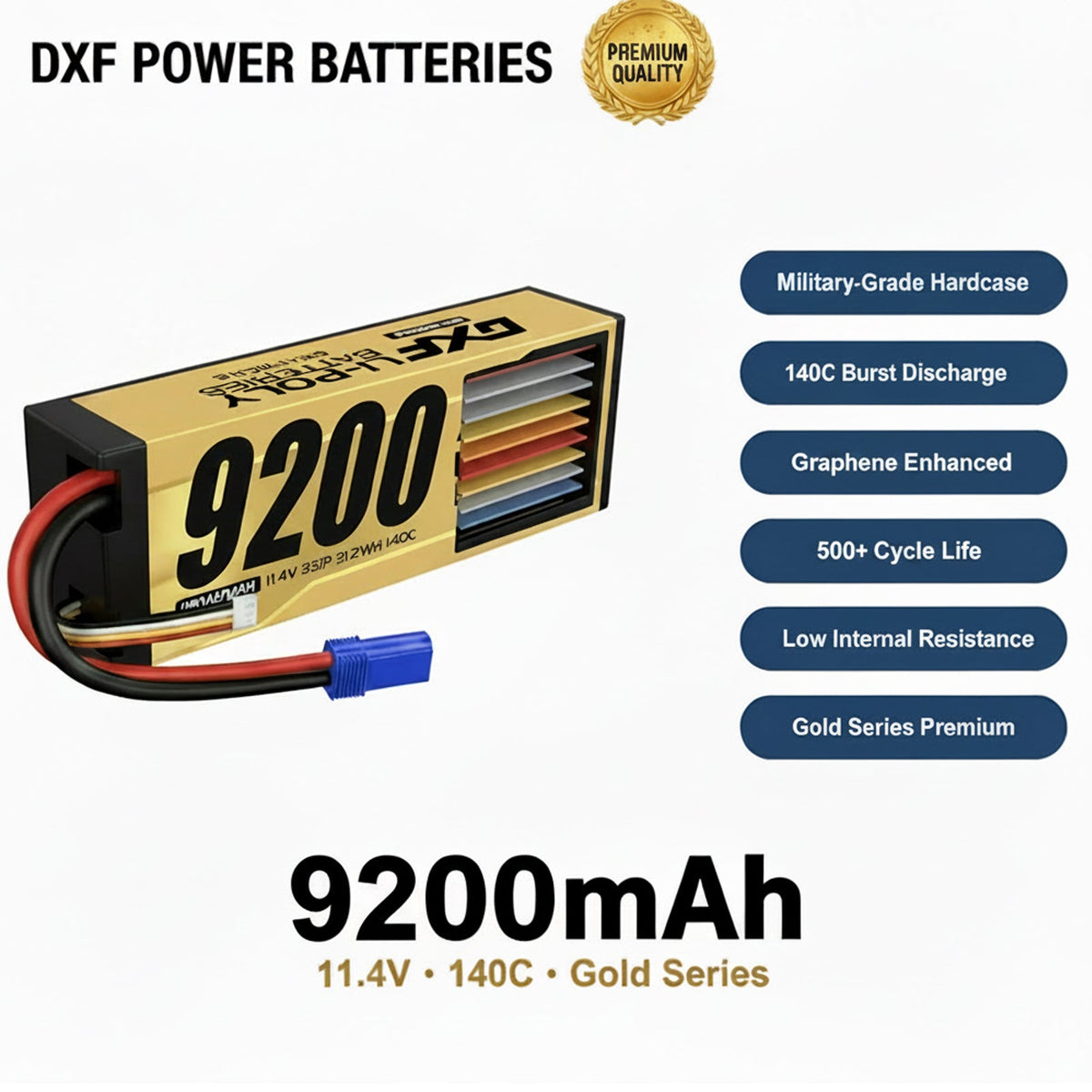 DXF 3S 11.4V 9200mAh 140C Hardcase LiPo Battery with 10AWG EC5 for 1/8 1/10 RC Cars, Boats, Trucks (1-6 Pack Available)