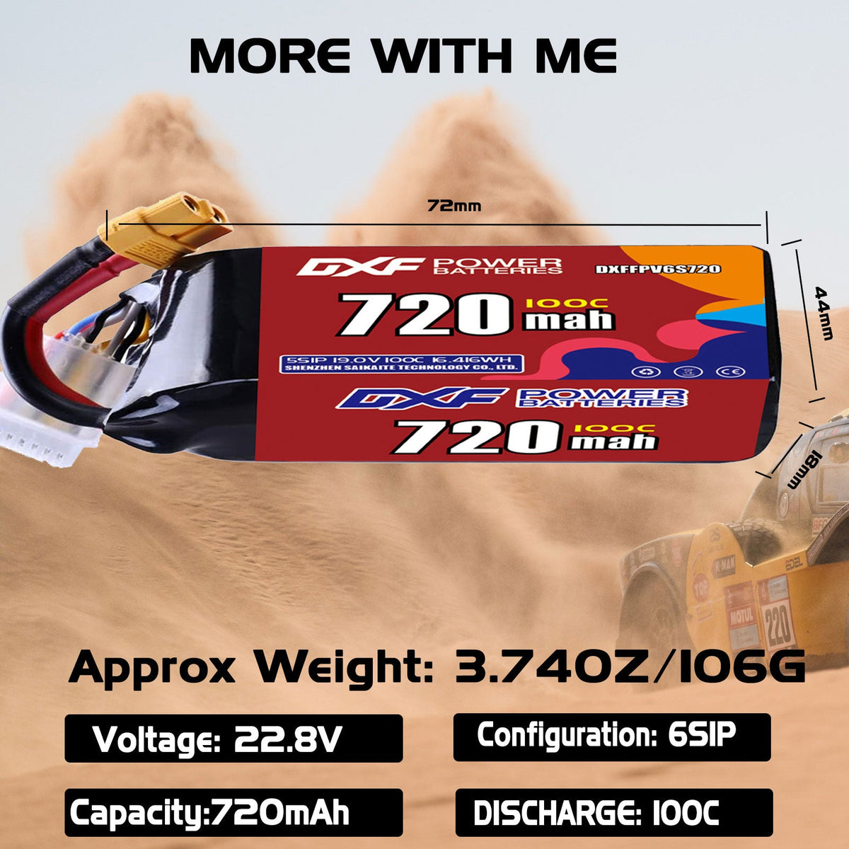 DXF 6S 22.8V 720mAh 100C LiPo Battery for FPV Micro Drones (PH2.0 / JST / XT30 / SM / XT60 / EC5 / XT90 Options)