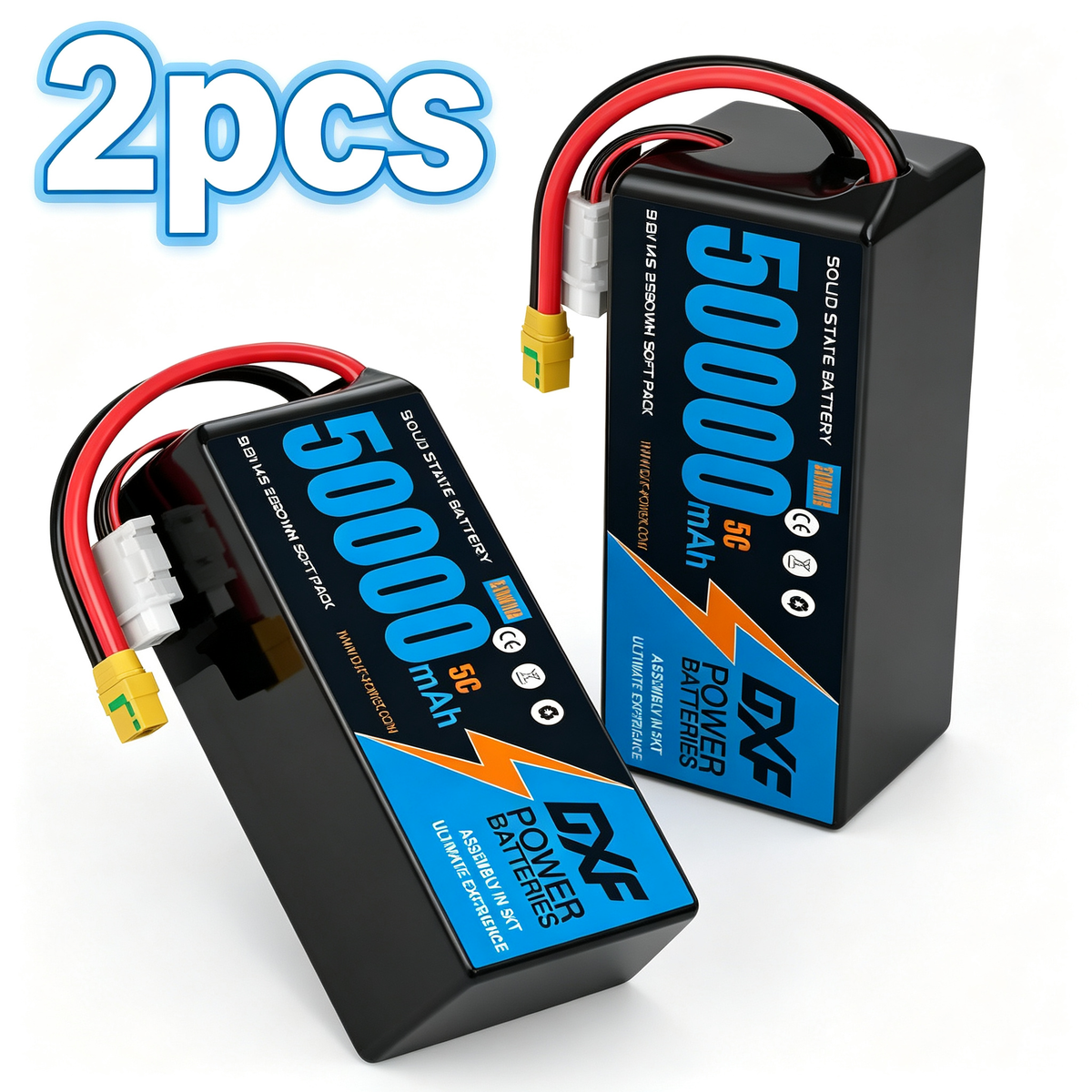DXF SEMI-SOLID 14S 51.8V 50000mAh 5C Soft Case LiPo Battery with 8AWG Wire for Toy Cars, Boats, UAVs & Drones (1-6 Pack)