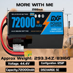 DXF 12S 44.4V 72000mAh 5C Soft Case LiPo Battery with 8AWG Wire for Toy Cars, Boats, UAVs & Drones (1-6 Pack)