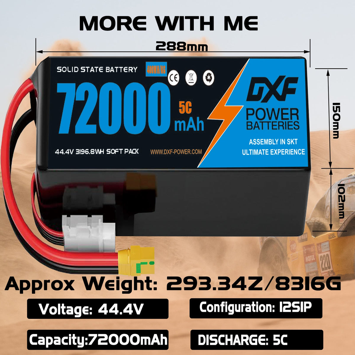 DXF 12S 44.4V 72000mAh 5C Soft Case LiPo Battery with 8AWG Wire for Toy Cars, Boats, UAVs & Drones (1-6 Pack)