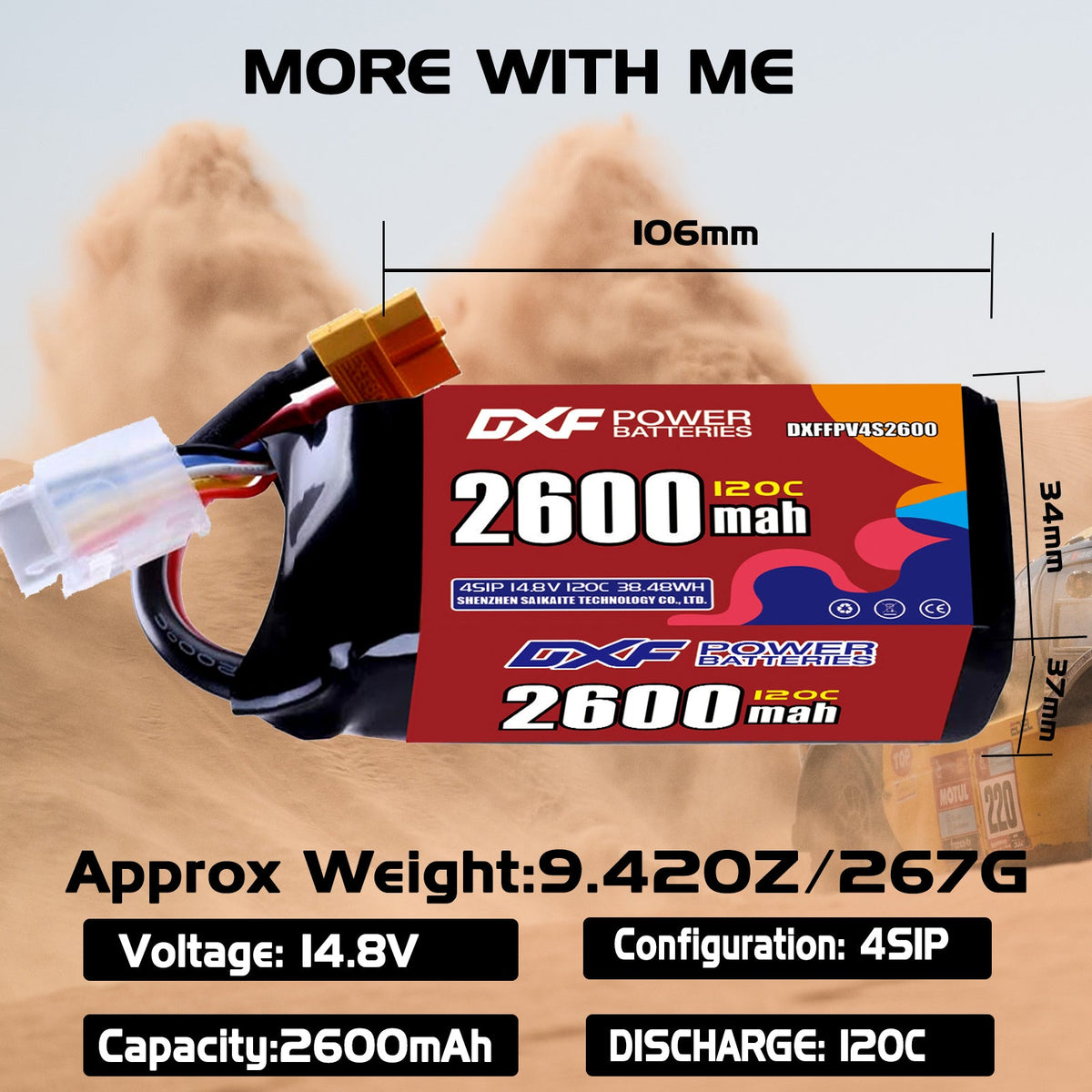 DXF 4S 14.8V 2600mAh 120C LiPo Battery for FPV Micro Drones (PH2.0 / JST / XT30 / SM / XT60 / EC5 / XT90 Options)