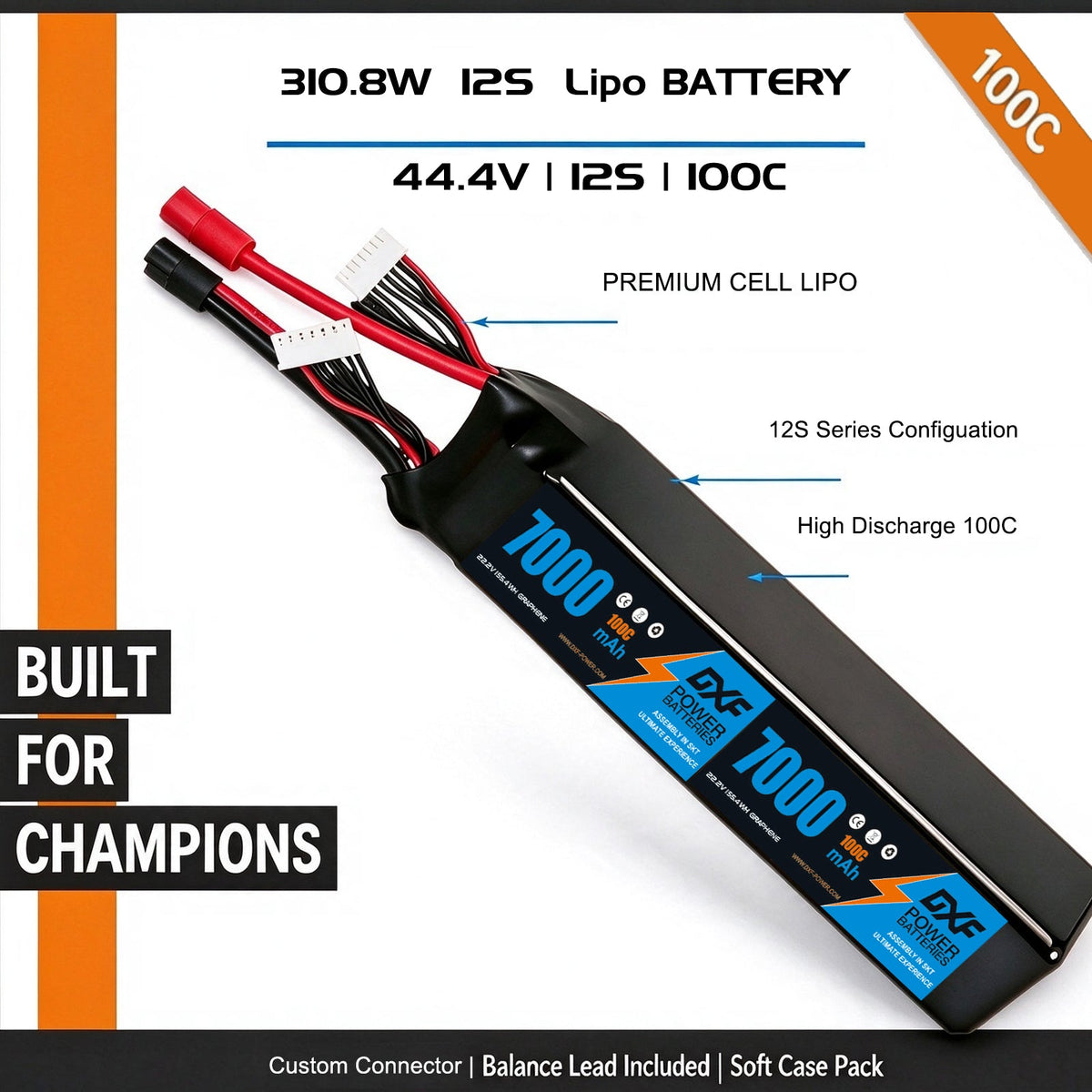DXF Lipo Battery 12S 44.4V 7000mAh 100C GoldSeries Graphene Softcase with EC5 / T / TRX / XT60 / XT90 / XT150 / Q8s Plug for RC 1/8 1/10 Buggy Truck Car Off-Road Drone