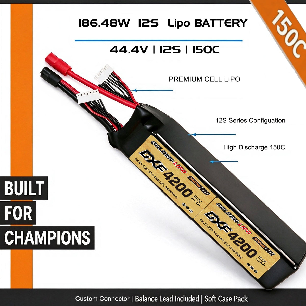 DXF Lipo Battery 12S 44.4V 4200mAh 150C GoldSeries Graphene Softcase with EC5 / T / TRX / XT60 / XT90 / XT150 / Q8s Plug for RC 1/8 1/10 Buggy Truck Car Off-Road Drone