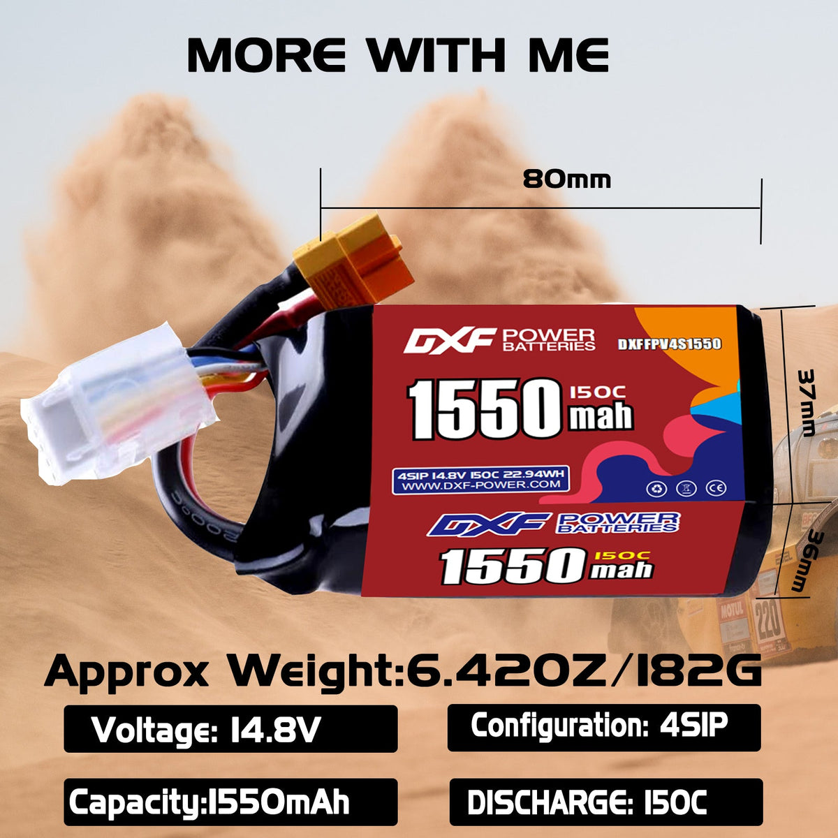 DXF 4S 14.8V 1550mAh 150C LiPo Battery for FPV Micro Drones (PH2.0 / JST / XT30 / SM / XT60 / EC5 / XT90 Options)