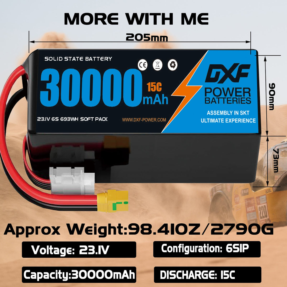 DXF 6S 23.1V 30000mAh 15C Soft Case LiPo Battery with 8AWG Wire for Toy Cars, Boats, UAVs & Drones (1-6 Pack)