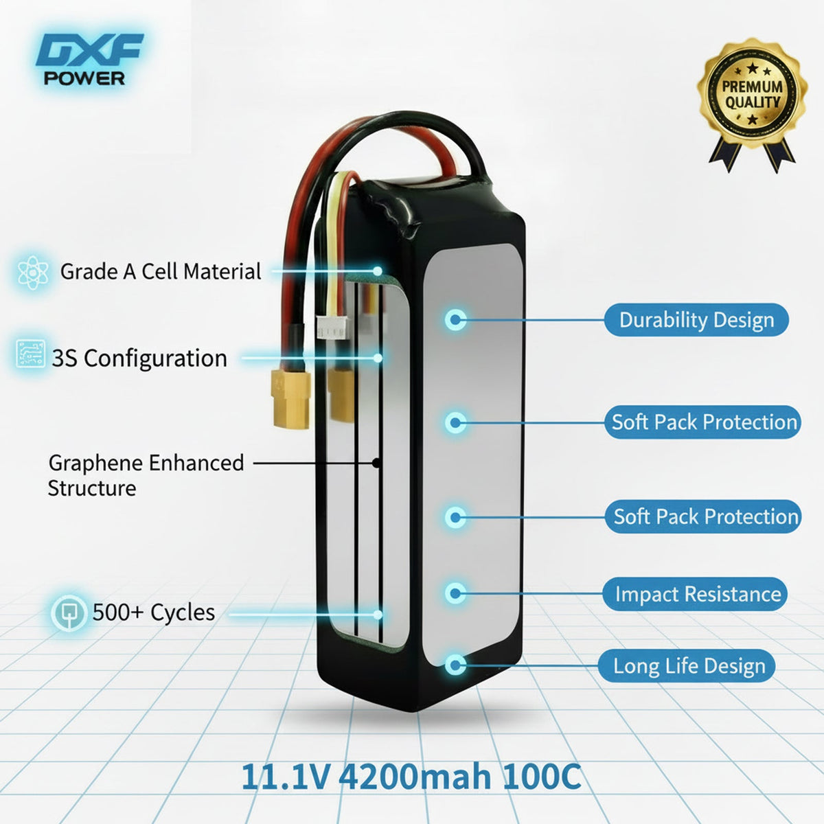 DXF 3S 11.1V 4200mAh 100C Softcase LiPo Battery with XT60 & 12AWG Wire for RC Boats, Cars, Toy Cars & Aircraft Models FPV (1-6 Pack)
