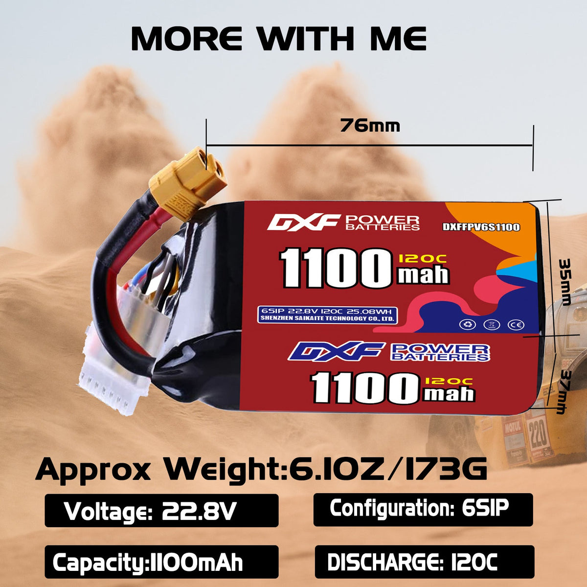 DXF 6S 22.8V 1100mAh 120C LiPo Battery for FPV Micro Drones (PH2.0 / JST / XT30 / SM / XT60 / EC5 / XT90 Options)