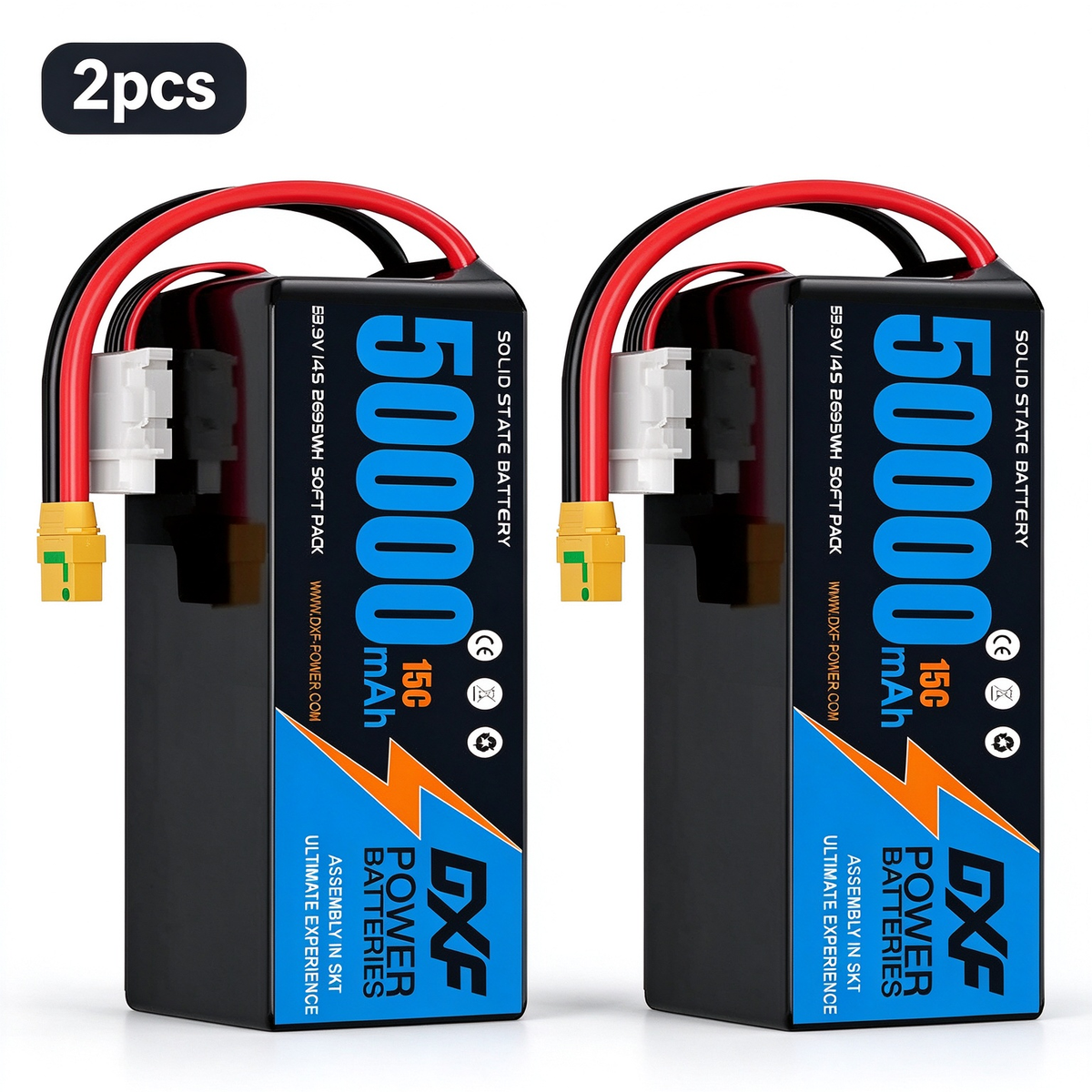 DXF SEMI-SOLID 14S 53.9V 50000mAh 15C Soft Case LiPo Battery with 8AWG Wire for Toy Cars, Boats, UAVs & Drones (1-6 Pack)