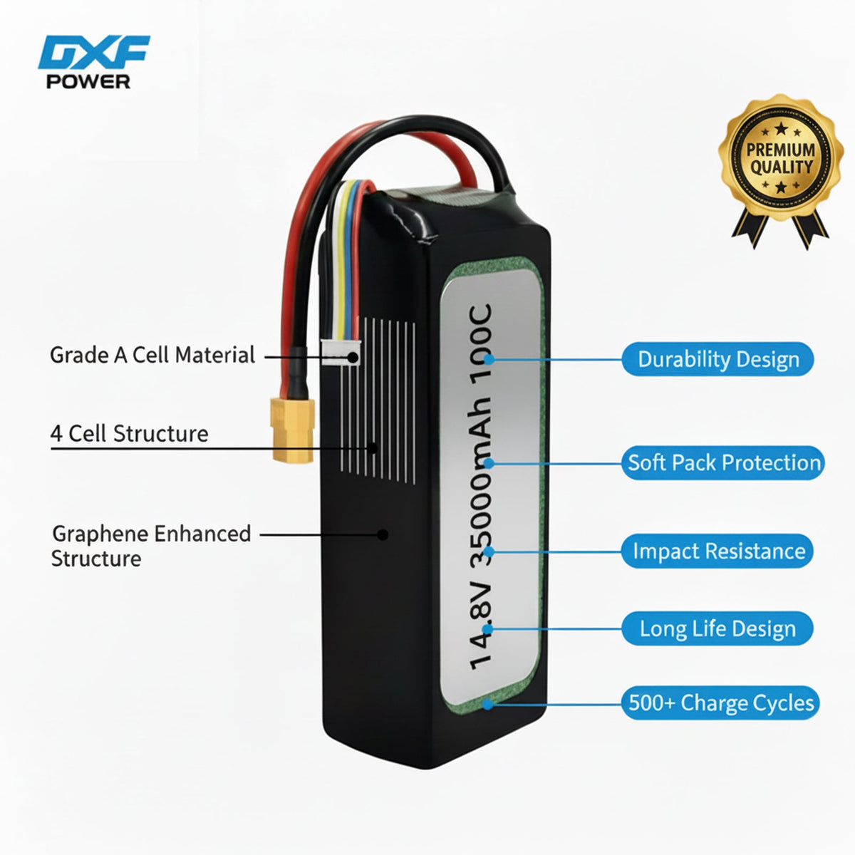 DXF 4S 14.8V 3500mAh 100C Graphene Softcase LiPo Battery with XT60 & 12AWG Wire for RC Cars, Boats & Aircraft Models (1-6 Pack)