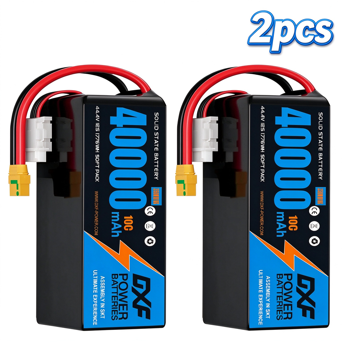 DXF SEMI-SOLID 12S 44.4V 40000mAh 10C Soft Case LiPo Battery with 8AWG Wire for Toy Cars, Boats, UAVs & Drones (1-6 Pack)