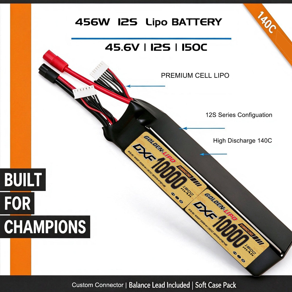 DXF Lipo Battery 12S HV 45.6V 10000mAh 150C GoldSeries Graphene Softcase with EC5 / T / TRX / XT60 / XT90 / XT150 / Q8s Plug for RC 1/8 1/10 Buggy Truck Car Off-Road Drone