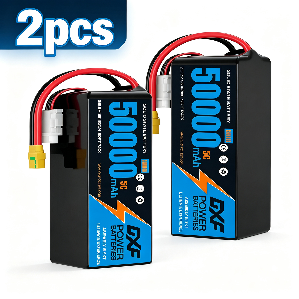 DXF 6S 22.2V 50000mAh 5C Soft Case LiPo Battery with 8AWG Wire for Toy Cars, Boats, UAVs & Drones (1-6 Pack)